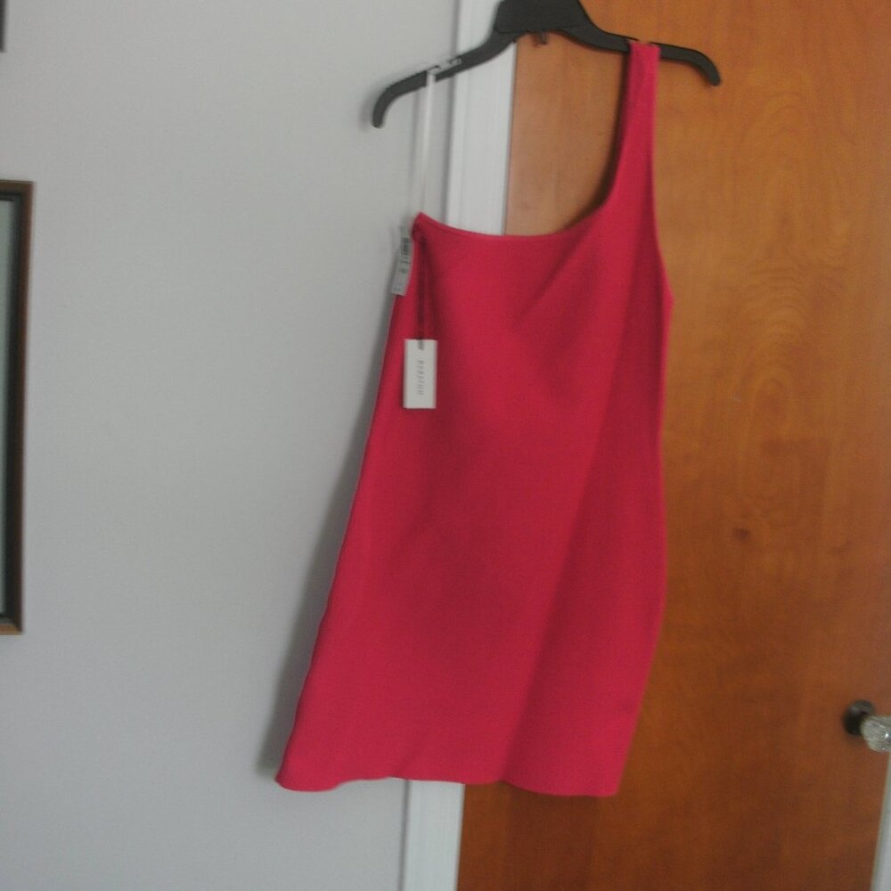 NWT BABATON Muse Rose Pink One Shoulder Ribbed Sculpt Knit Club Party Dress ~ L